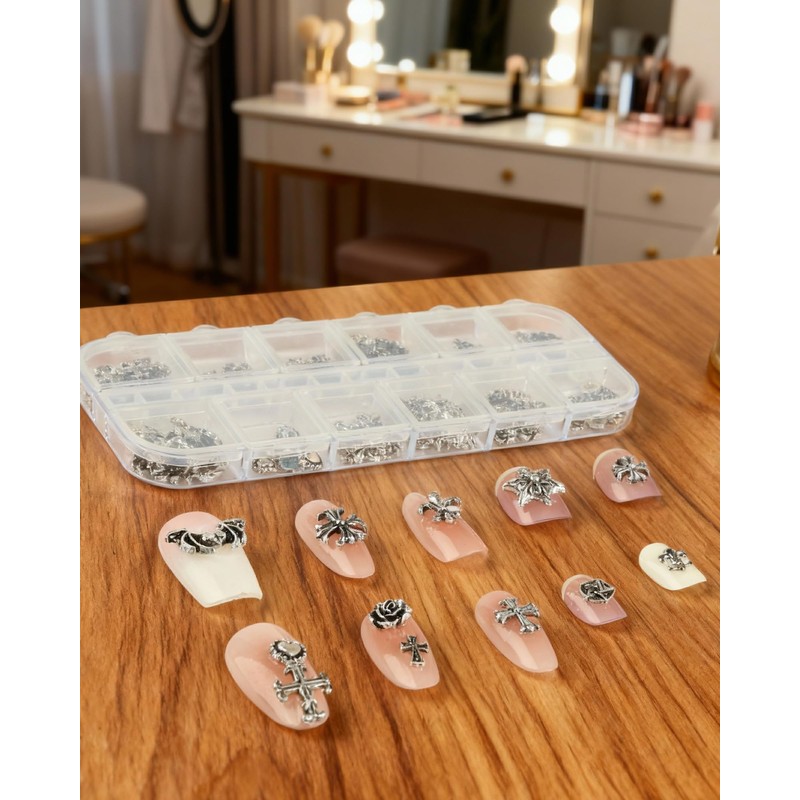 lulir 3D Nail Charms, 120PCS Silver Gothic Cross Nail Art