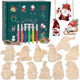 Christmas Tree Ornaments Decoration Set - 24 Pack, 12 Styles of Unfinished Christmas Decorations, 8 Colored Markers, Hanging Rope, Bells, DIY Santa Predrilled Crafts Ornaments for Holiday, Xmas, Party