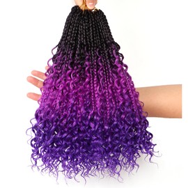 URNICE Goddess Box Braids Crochet Hair-9 Packs Crochet Braids for Black Women 14 Inch Crochet Braids with Curly Ends (Boho 14 Inch (Pack of 9), 1B/Purple/Blue)