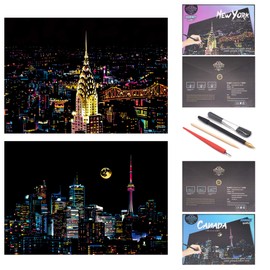 Scratch Rainbow Painting Art Paper,Scratch & Sketch Art for Kids & Adults,Scratch Painting Creative Gift Engraving Art & Craft Set,Sketch Pad DIY Scratchboard with 4 Tools,16''x11''(New York&Toronto)