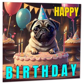 Pug Birthday Card - Pug Dog Happy Birthday Cards 145 x 145mm