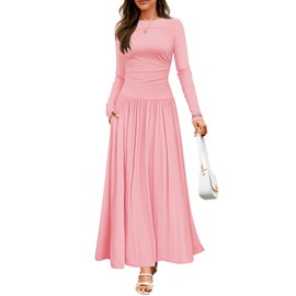 ZESICA Women's Long Sleeve Fall Maxi Dress 2025 Crewneck Knit Casual Slim Swing Pleated Dresses with Pockets,Pink,Medium