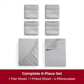 Mellanni Full Sheet Set - 6-Piece Iconic Collection Bedding, (Including 4 Pillowcases), 16-Inch Deep Pocket, Easy Care, Extra Soft, Cooling Sheets, Brushed Microfiber - Light Gray