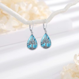 LOOVE Tree of Life Earrings Sterling Silver Turquoise Dangle Earrings for Women Tree of Life Leverback Earrings