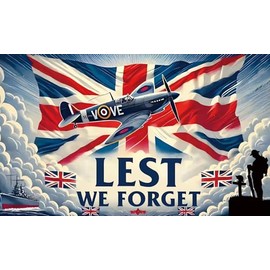 WW2 Flag, Large 3 x 5ft, Lest We Forget British Remembrance Banner - Union Jack Spitfire Soldier VE Day & VJ Day WWII Memorabilia