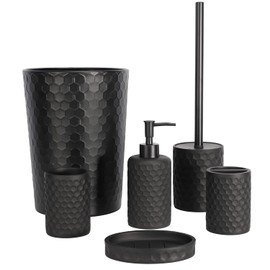 zccz Bathroom Accessory Set, 6 Piece Black Bathroom Accessories Set with Trash Can, Toothbrush Holder, Toothbrush Cup, Soap Dispenser, Soap Dish, Toilet Brush with Holder, Trash Can, Black