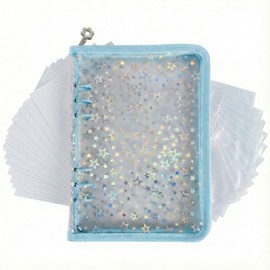 ArkreaM Sparkly Hologram Sticker Pad, A5, 6-Hole Binder, Peel and Stick Paper, 140 Pages, Large Capacity, Collage Decor, Pushing Storage, Zipper Pocket Included (Aqua Blue)