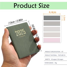 MANJIAMEI Mini 2025 Pocket Agenda, PU Texture Cover 120 Pages Daily Planner A7 Week to View Appointment Diary Planner and Organiser Palm-sized Calendar Notebook with Morandi Sticky Tabs (Dark Green)
