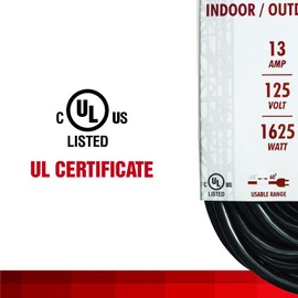 iWork 25 Ft Black Extension Cord 3 Prong, Weather-Resistant 16/3 SJTW, 1625 Watt, 13 AMP Rating with UL Listed for Indoor and Outdoor Uses