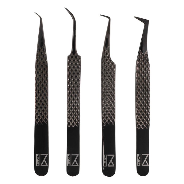 M LASH Eyelash Extension Tweezers (Set of 4) - Professional & Precision Lash Tweezers for Eyelash Extensions - Japanese Steel, Diamond Grip, Fiber Tip for Stunning Results (Black)