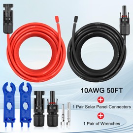 10AWG Solar Extension Panel Cable - 50FT Solar Wire with Waterproof Female and Male Connector and Solar Panel Adaptor Kit Tool PV Wire for RV, Home, Boat, Solar Panels(50feet Red + 50feet Black)