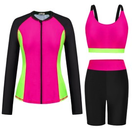 2024 Spring Summer Sun Protection Beach Shirts for Women with Bra Cups Two Piece Set Long Sleeve Bathing Suit with Boyshort Rose Red XL