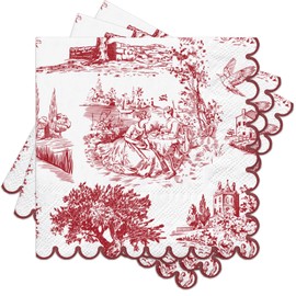 25 Pcs Toile Vintage Christmas Cocktail Napkins, 3 Ply Red and White French Country Scene Design Disposable Napkin Paper for Holiday Party, Winter Wedding, Tea Party Decor, 5 x 5 Inch