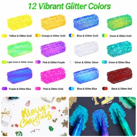 JR.WHITE Glitter Metallic Paint Pens: Sparkle Water-Based Marker Pen for Greeting Cards, Mugs, Wood, Art Drawing, Rock Painting, Posters, Albums, Scrapbooking (12-Count)