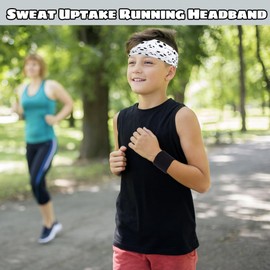 Boys Headband for Kids, Sweat Soft Breathable Football Pattern Sport Headband Lightweight Elastic Headband for Football Basketball Tennis, with 2 pcs Black Wrist Straps