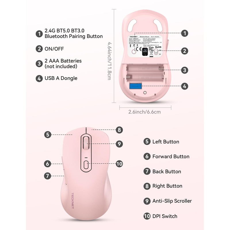TECKNET Classic Wireless Mouse, Tri-Mode Bluetooth 5.0/3.0 & 2.4G Laptop