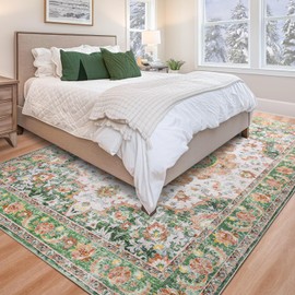 Opreine 5x7 Area Rugs for Living Room, Foldable Machine Washable Rug, Soft Low Pile Non-Slip Vintage Floral Rug, Christmas Rugs for Bedroom, Dining Room, Bedside, Farmhouse, Office, Dorm(Green, 5'×7')