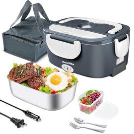 Dosevita Electric Lunch Box for Adults, 80W Heated Lunch Box, 1.5L Stainless Steel Container | 12V/24V (Car/Truck) & 110V (Office/Home) | with Fork&Spoon and Insulated Carry Bag