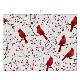 Dish Drying Mat For Kitchen Counter, Cardinal Bird Red Berry Microfiber Absorbent Dish Drainer Rack Pad Reusable Large 18x24in Drying Mat