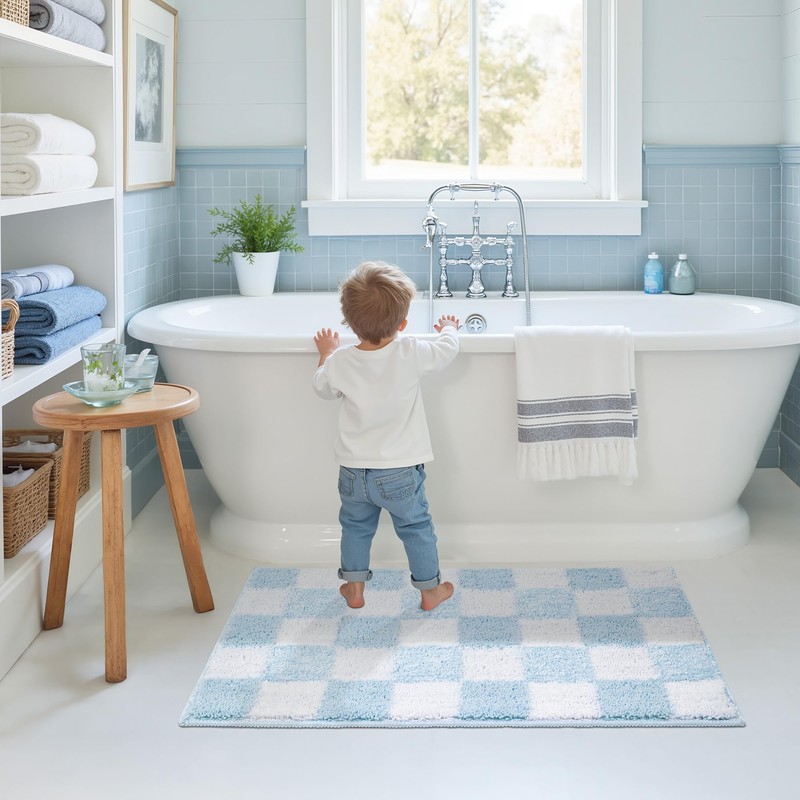 GRANNY SAYS Checkered Blue Bathroom Rugs, 24" x 16", Non-Slip