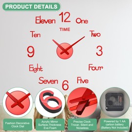 M METERXITY 1-Pack 3D DIY Wall Clock,28 Inch Modern Frameless Silent Clock Decor with Number Sticker for Living Room/Office/Home/Surface Wall Decor [Red]