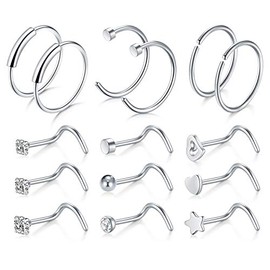 D.Bella 15PCS 20G Stainless Steel Nose Screw Nose Stud Nose Hoop Rings for Women Men Nose Lip Piercing Set - Silver