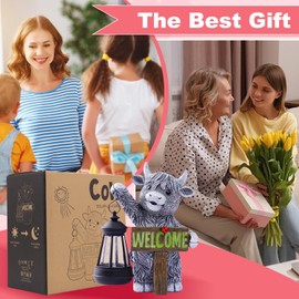 Yeomoo Highland Cow Garden Ornaments Outdoor - Resin Statue with Solar Lantern and Welcome Sign for Yard Lawn Porch Balcony Home Decor - Gardening Gifts for Women Mum(Grey)