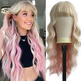 QYDEERY Blonde Mixed Pink Wig with Bangs for Women Synthetic Wigs Long Blonde Wavy Wigs Highlight Wigs for Daily Use 26 inch