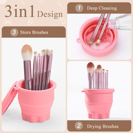 WantGor Makeup Brush Cleaner Mat with Brush Storage Holder, 3 in 1 Foldable Silicone Bowl Cosmetic Brushes Cleaning Pads Tool for Makeup Brush, Makeup Sponge, Powder Puff (Pink)