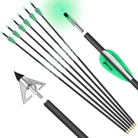 DEEPOWER 100% Carbon Arrows 31 inch with 6.2mm Lighted Nocks 100Grain Broadheads 6 Pack Spine 350/400/500 with Removable Tips for Compound Bow and Recurve Bow