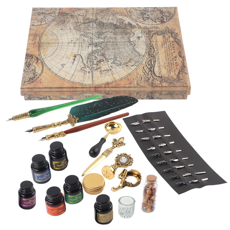 Feather Pen Set European Style British Retro Lacquer Stamp Dipped