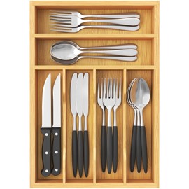 Lifewit Silverware Drawer Organizer, Utensil Tray for Kitchen, 6 Slot Bamboo Flatware and Cutlery Holder, Wood Storage for Spoons Forks Knives, 9.9 x 15.5 Inches, Natural