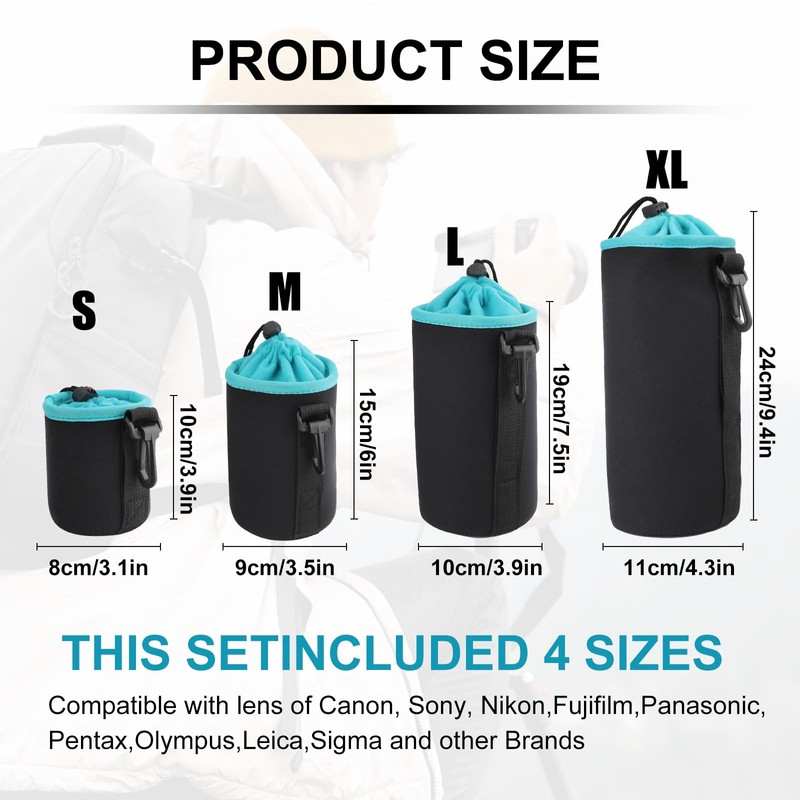 4Pcs Camera Lens Case Bag,4 Sizes Blue Water Resistant Protective