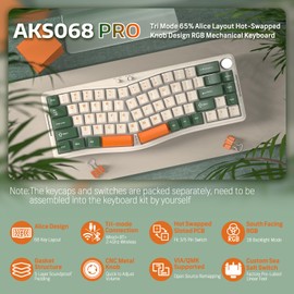ATTACK SHARK AKS068PRO Wireless Mechanical Gaming Keyboard 65% Alice Layout Hot-swap Gasket with Wired/BT5.1/2.4Ghz RGB Backlit VIA Programmable Knob 3000mAh Battery Sea Salt Switch for Win/Mac(Green)