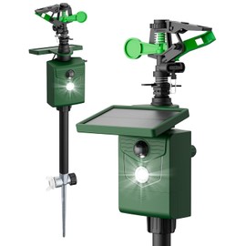 Motion-Activated Sprinkler, Solar Animal Repellent Outdoor - 2 Pack Deer Cat Deterrent with Motion Sensor & Flashing Lights, Protects Yard & Garden from Deer, Cats, Raccoons