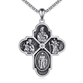 VONALA Saint Christopher Necklace 925 Sterling Silver Four Way Cross Prayer Pendant Religious Vintage Jewellery for Men