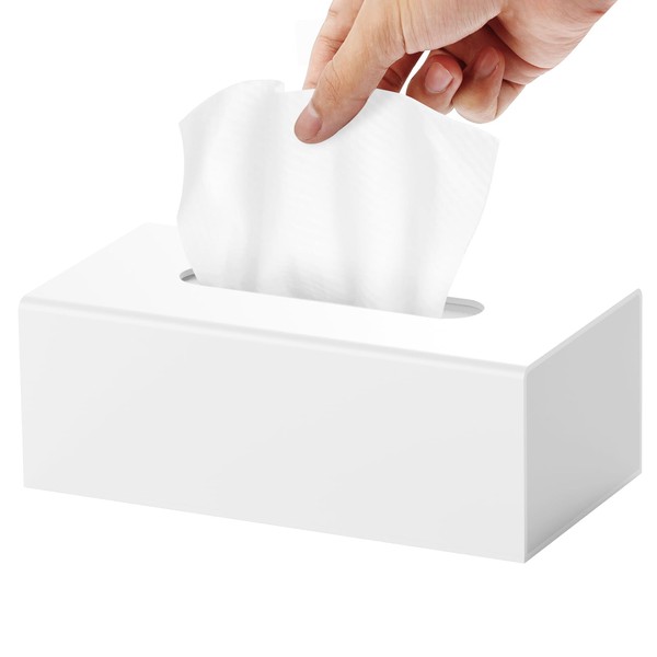 FRETONBA Acrylic Tissue Box, White Rectangular Acrylic Tissue Box with Magnetic Cover for Dining Room/Bathroom/Bedroom, L × W × H: 13×25×9 cm, White