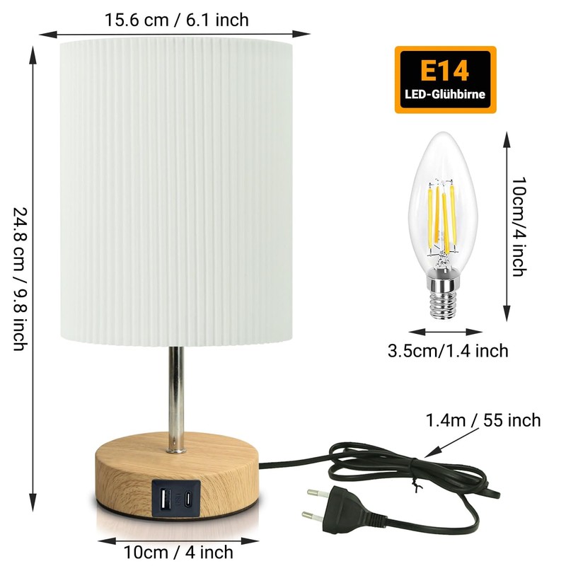 HSLighting Bedside Lamp Touch Dimmable Table Lamp with USB A+C
