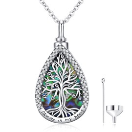Tree of Life Urn Cremation Necklace Sterling Silver Ashes Abalone Shell Teardrop Pendant Urn Jewelry for Women Mother's Day
