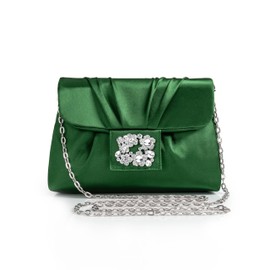 Coucoland Clutch Purses for Women - Satin Evening Bag Pleated Crossbody Bags Rhinestone Embellished Handbag for Wedding Party, Green