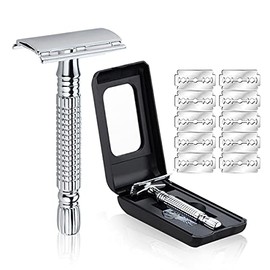 Sendowtek Afeitadora de Bigote Maquinilla de Afeitar de Clasica Rastrillo para Afeitar Hombre Navaja de Afeitar Doble Filo con Stainless Steel Razor Shaver con 10 Cuchillas y Caja de Afeitar con Espejo Interior (Silver)