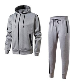 Men's Athletic Casual Pant and Hooded Jacket Sweatsuit set(L-Grey,L)