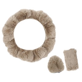 A ABSOPRO Steering Wheel Cover with Handbrake Cover Gear Shift Cover Faux Fur Brown