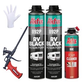Akfix 892P Black Spray Foam Sealant Kit (2x24oz)- UV Resistant Spray Foam Insulation, Waterproof, Polyurethane Expanding Foam for RV, Pond, Waterfall & Landscape | Gun&Cleaner Included, 24oz 2 Pack