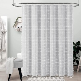 BTTN Extra Long Shower Curtain, 72x84 Inch Long Boho Chic Tassel Linen Fabric Shower Curtain Set with Hooks, Tall Modern Farmhouse Elegant Weighted Thick Cloth Shower Curtains for Bathroom, Gray/Grey