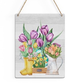 SENJIAN Rustic Farmhouse Home Office Wall Decor Country Spring Tulips Room Decorations Wood Sign Cubicle Bedroom Living Room Front Door Decor Women Gift Ideas 8 X 10 Inch