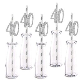 Silver Happy 40th Birthday Straw Decor, Silver Glitter 24pcs Cut-Out Number 40 Party Drinking Decorative Straws, Supplies