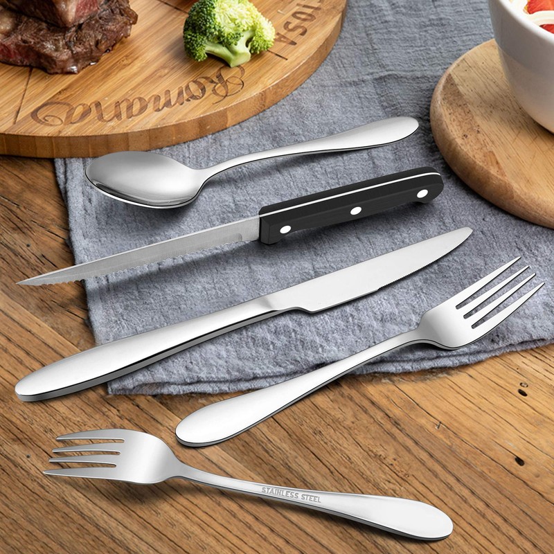 LIANYU 24-Piece Silverware Set with Steak Knives, Stainless Steel Flatware