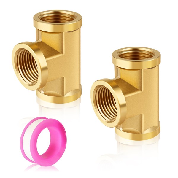 FANOVO 3/8 inch Brass Tee Pipe Fitting, 2pcs 3Way Forged
