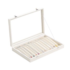 14 Hooks Necklace Storage Tray, Velvet Neckalce Organizer Box with Clear Lid, Pendant Chain Necklace Jewelry Organizer Drawer Tray for Women Girls (Beige)